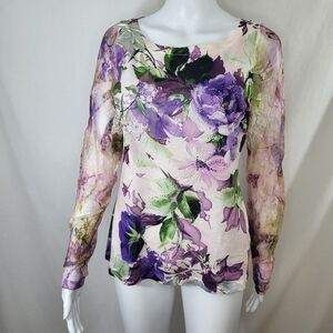 Dress Barn Floral TOP Womens Size S Long Lace Sleeves Embellishments Purple Pink